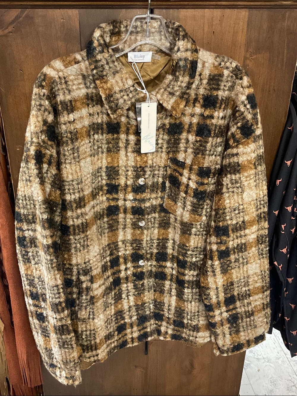 Bluivy Women's Teddy Plaid Jacket in Brown, Black, Cream